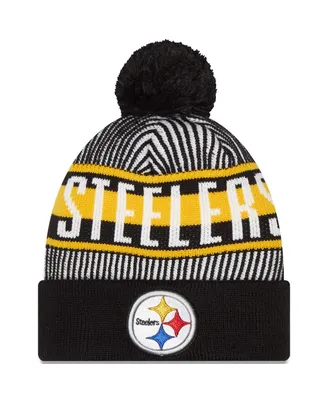 Men's New Era Black Pittsburgh Steelers Striped Cuffed Knit Hat with Pom