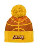 Preschool Boys and Girls Gold Los Angeles Lakers Basketball Head Cuffed Knit Hat with Pom