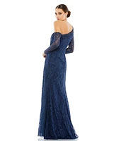 Women's Draped Jewel Encrusted Lace Drop Shoulder Gown