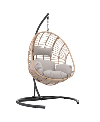 Simplie Fun Outdoor Indoor Swing Egg Chair Natural Color Wicker With Beige Cushion