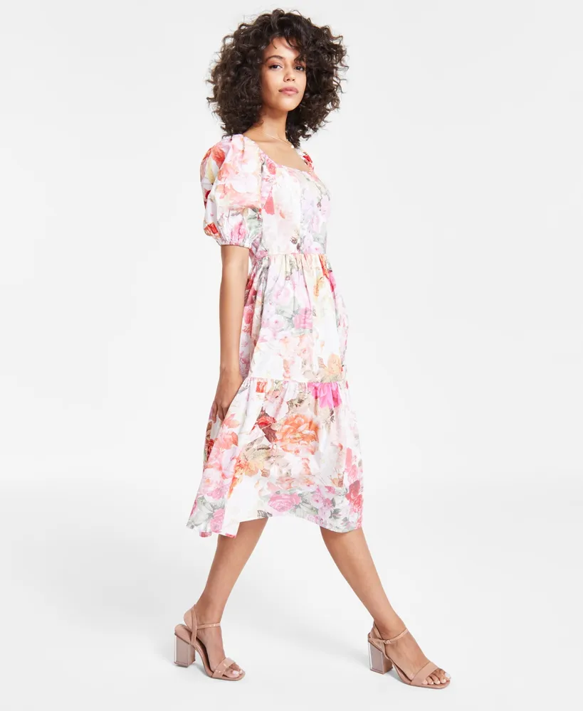 Vince Camuto Women's Printed Cotton Square-Neck Puff-Sleeve Dress
