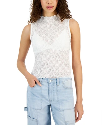 Just Polly Juniors' Lace Mock-Neck Knit Tank