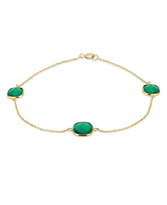 Delicate Simple Genuine 10K Yellow Gold Cushion Cut Gemstone Green Onyx Briolette Station Bracelet For Women 7.25 Inch