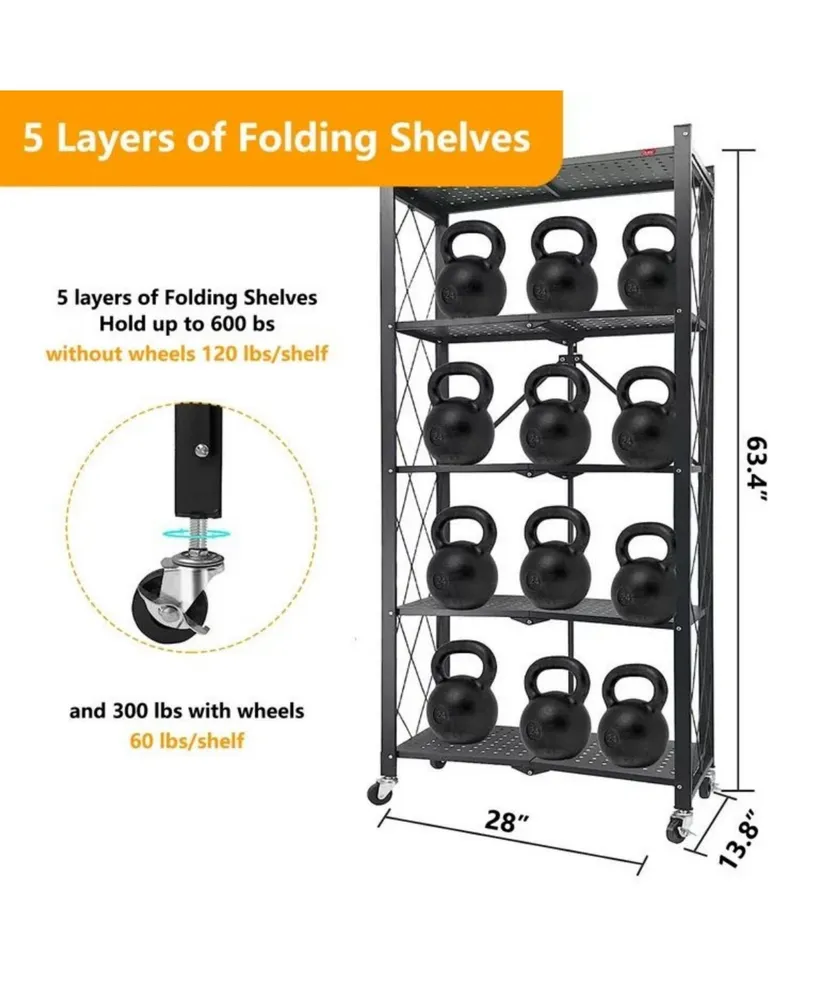 5-Tier Foldable Storage Shelving Unit, Heavy Duty Metal Shelf, Kitchen Shelf with 3 Hooks