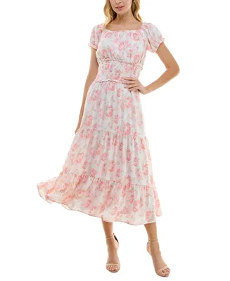 Trixxi Juniors' Floral Print Puff-Sleeve Midi Dress