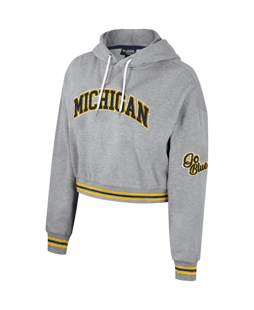 Women's The Wild Collective Heather Gray Distressed Michigan Wolverines Cropped Shimmer Pullover Hoodie