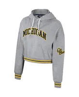 Women's The Wild Collective Heather Gray Distressed Michigan Wolverines Cropped Shimmer Pullover Hoodie
