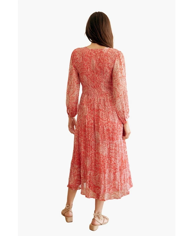 Paneros Clothing Women's Floral Printed Stella Midi Dress in Red