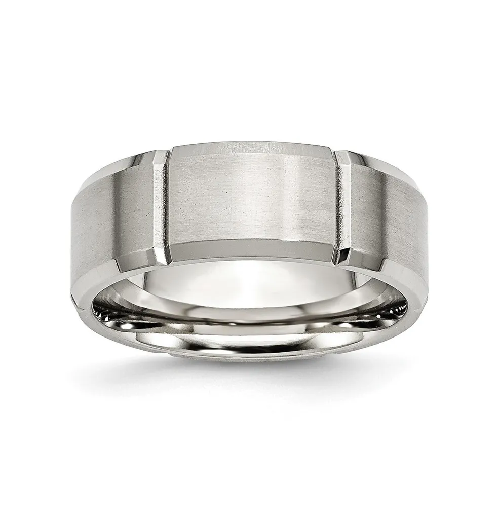 Chisel Stainless Steel Brushed Polished Grooved 8mm Edge Band Ring