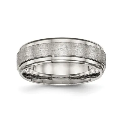 Chisel Stainless Steel Brushed and Polished 7mm Ridged Edge Band Ring