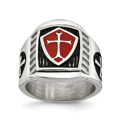 Chisel Stainless Steel Antiqued Polished Red Enamel Cross Shield Ring