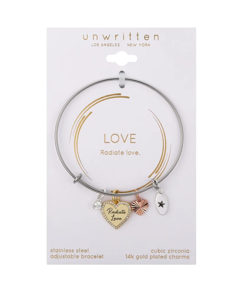 Unwritten Cubic Zirconia "Radiate Love" and Bezel, Rose Gold Heart Charm Bracelet