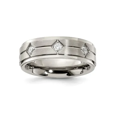 Chisel Stainless Steel Polished Brushed Center Cz 7.00mm Band Ring