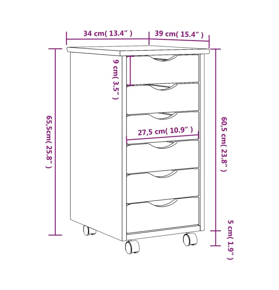 Rolling Cabinet with Drawers Moss Honey Brown Solid Wood Pine