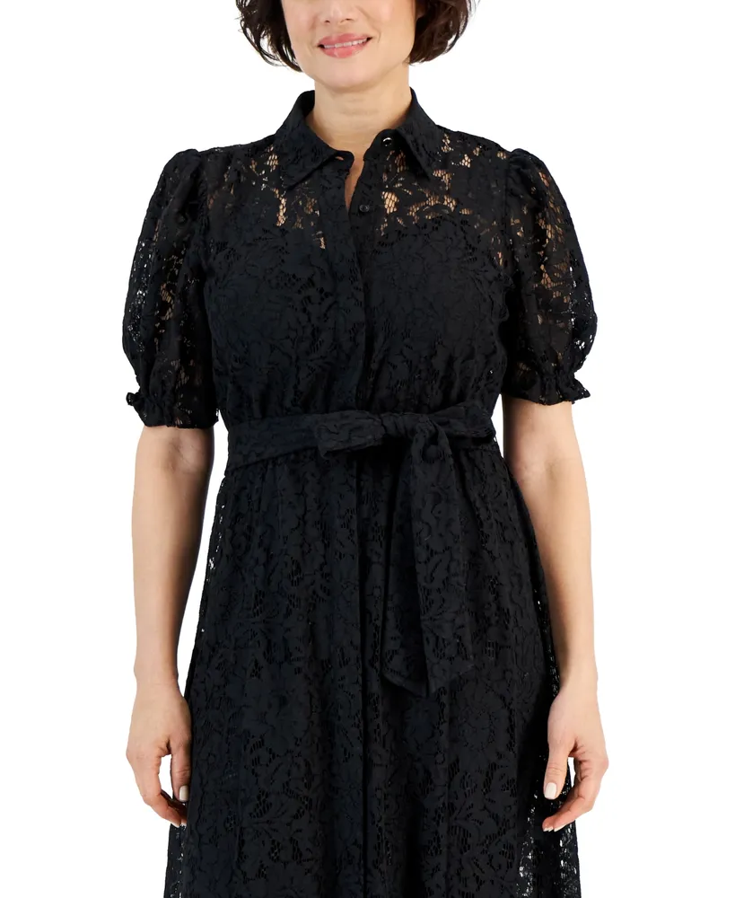 Anne Klein Women's Puff-Sleeve Tie-Waist Lace Shirtdress