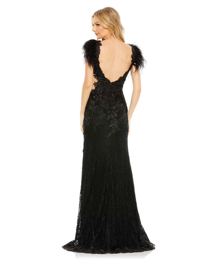 Women's Feather Cap Sleeve Lace Gown