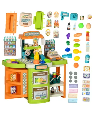 Qaba 58Pcs Grocery Store Pretend Play Kids Trolley with Cash Register Stand, Foldable Play Store for Kids with Scanner, Play Food Vegetable, Extra Sto