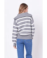 English Factory Women's Striped Knit Zip Pullover Sweater