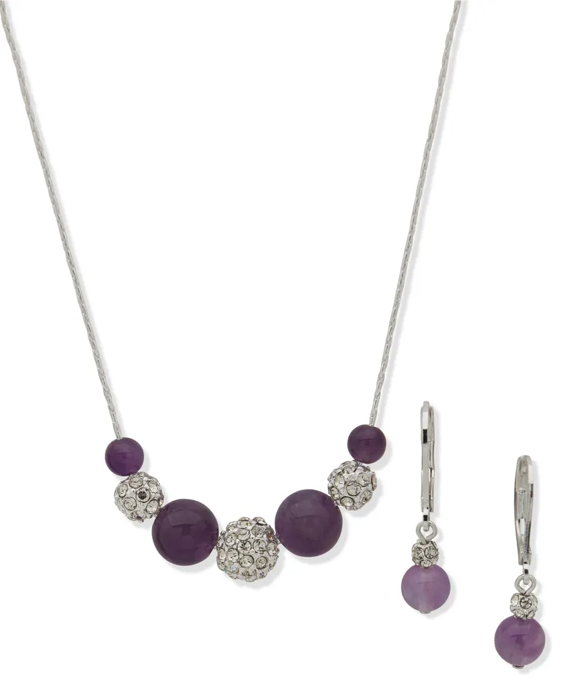 Anne Klein Silver-Tone Pave Fireball & Gemstone Statement Necklace & Drop Earrings Set