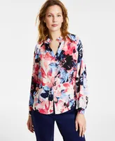 Jones New York Women's Printed Ruffled Split-Neck Blouse