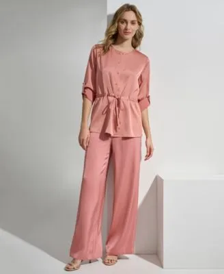 Calvin Klein Womens Satin Drawstring Waist Blouse Wide Leg Pant