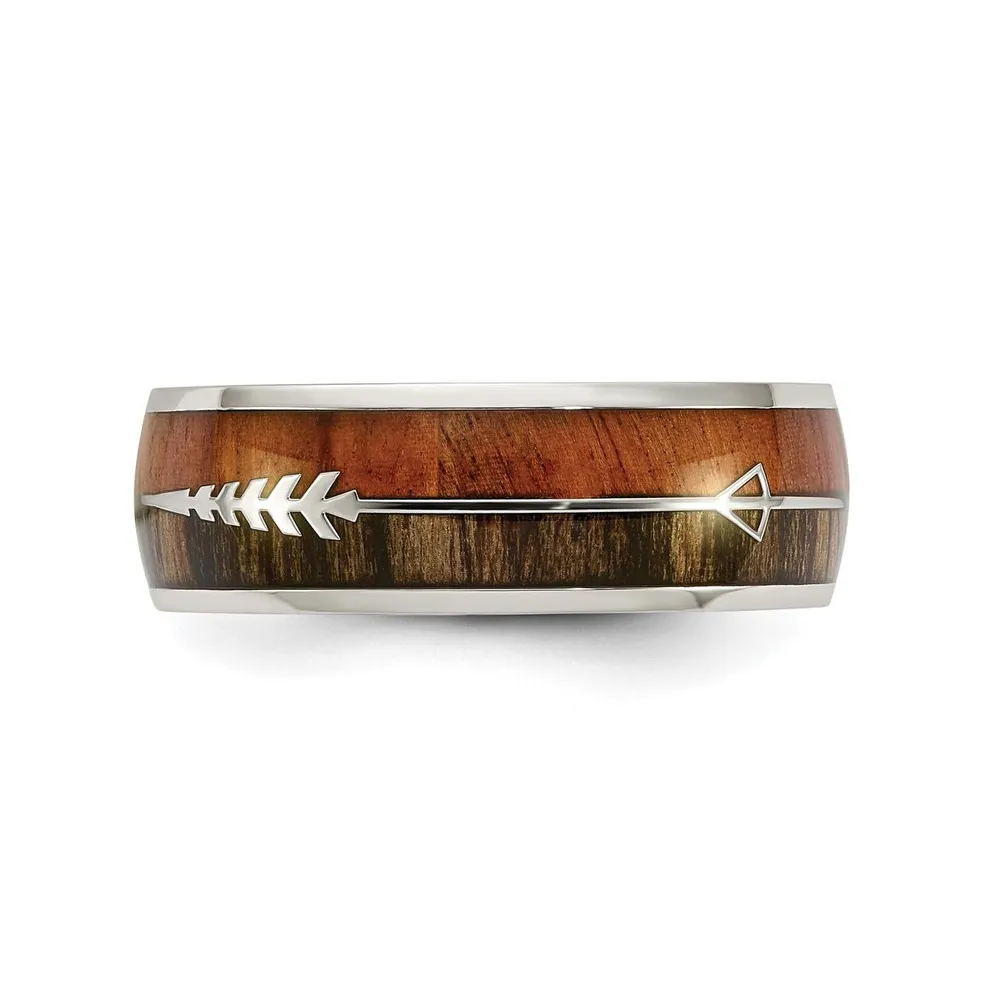 Chisel Stainless Steel Polished with Wood Inlay Arrow 8mm Band Ring