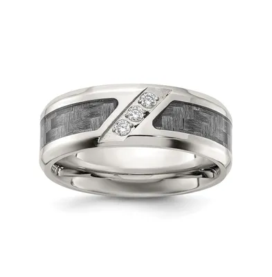 Chisel Stainless Steel Polished Gray Fiber Inlay Cz 8mm Band Ring