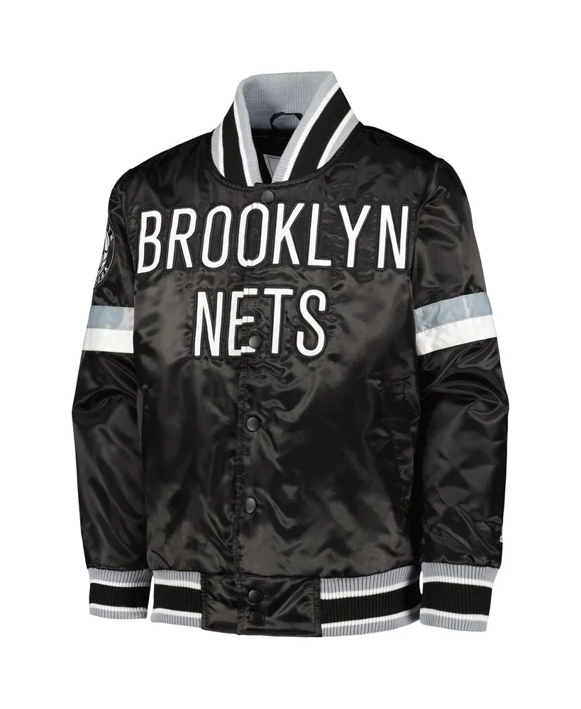 Big Boys Starter Black Brooklyn Nets Home Game Varsity Satin Full-Snap Jacket