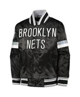 Big Boys Starter Black Brooklyn Nets Home Game Varsity Satin Full-Snap Jacket