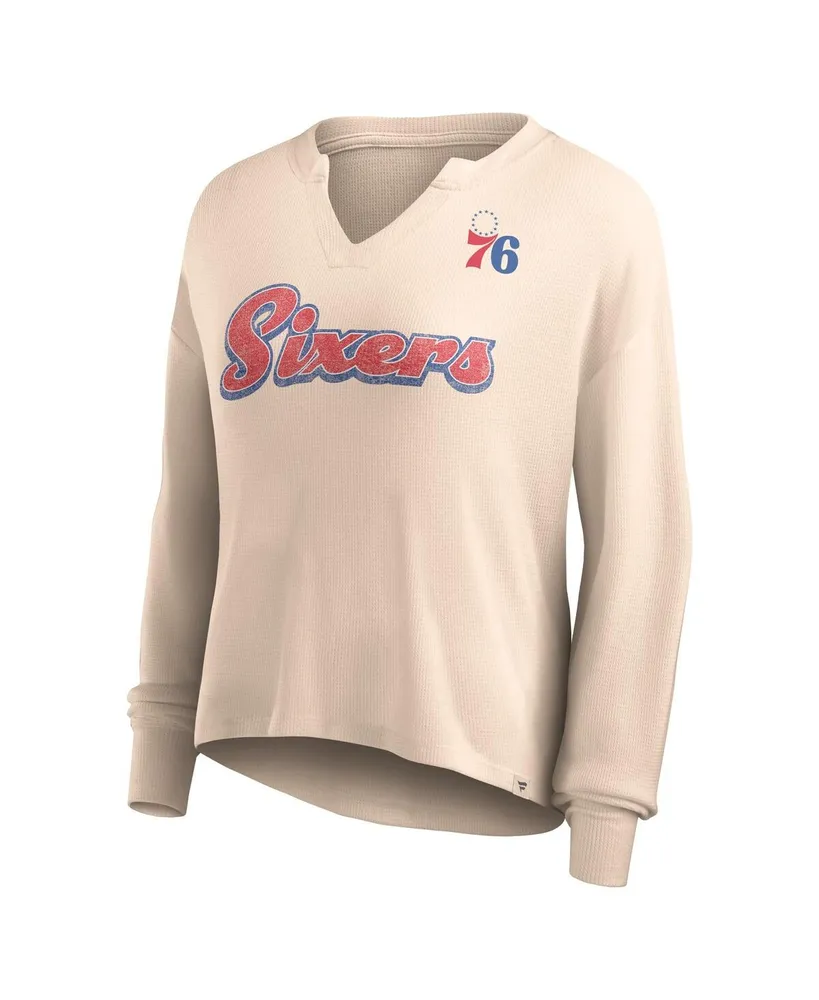 Women's Fanatics Tan Distressed Philadelphia 76ers Go For It Long Sleeve Notch Neck T-shirt