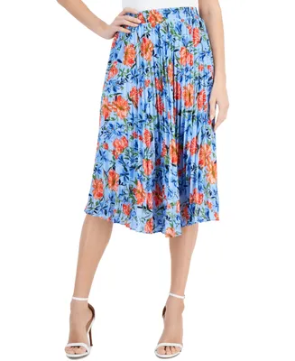 T Tahari Women's Floral Printed Elastic-Waist Pull-On Pleated Midi Skirt