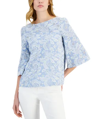 T Tahari Women's Embroidered Eyelet Boat-Neck Bell-Sleeve Top