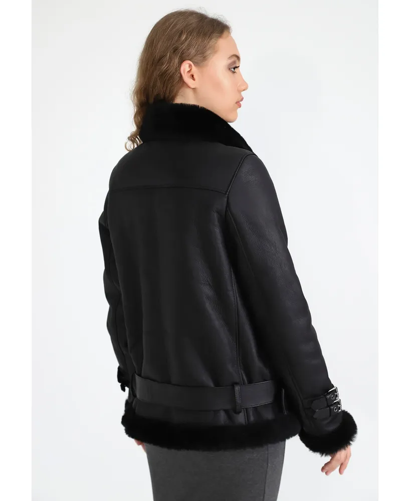 Women's Shearling Belted Biker Jacket, Silky Black with Wool
