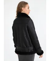 Furniq Uk Women's Biker Jacket, Silky Black Shearling with Wool