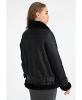 Women's Shearling Belted Biker Jacket, Silky Black with Wool