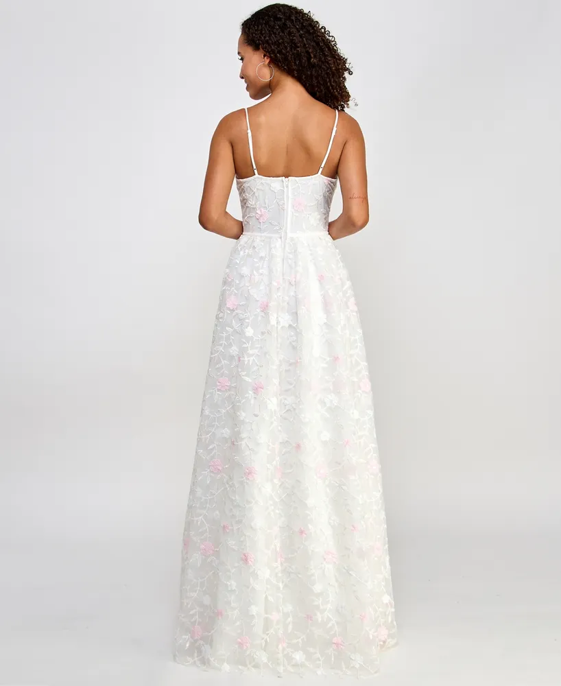 City Studios Juniors' Floral Embroidered Tulle Bustier Gown, Created for Macy's