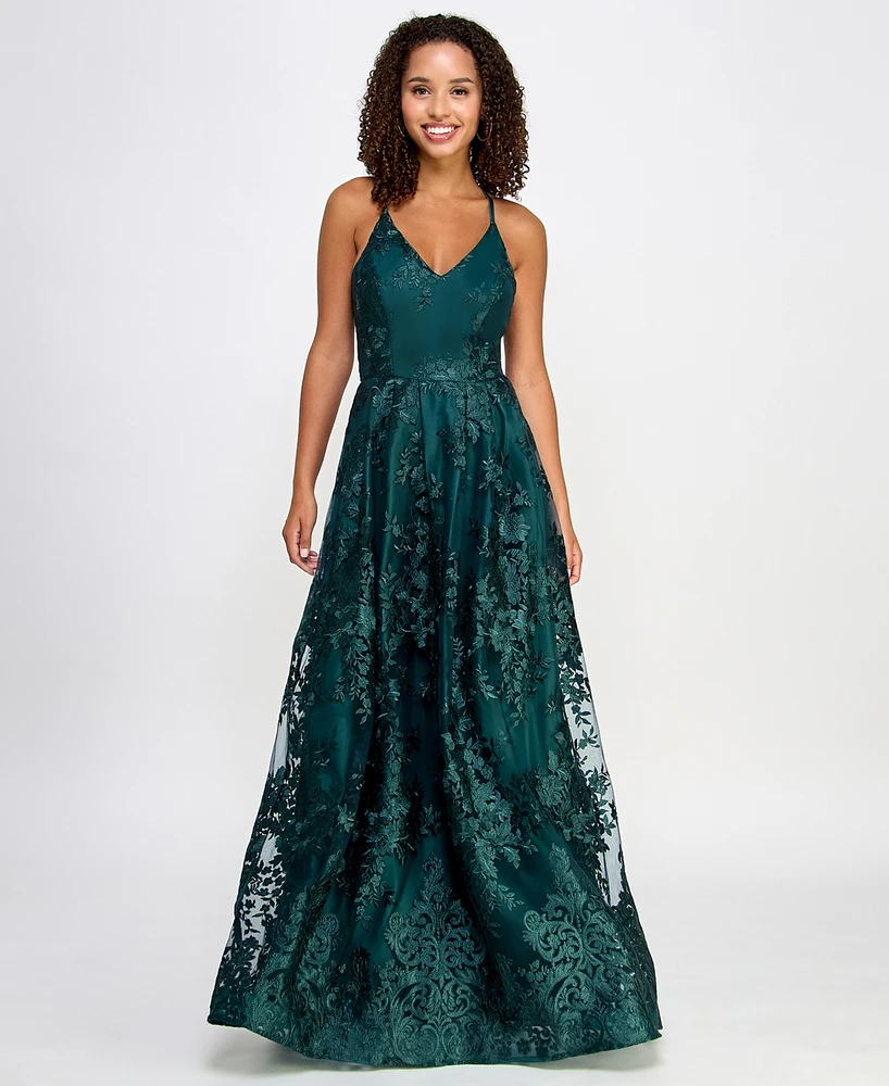 Bcx Juniors' Floral Embroidered Gown, Created for Macy's
