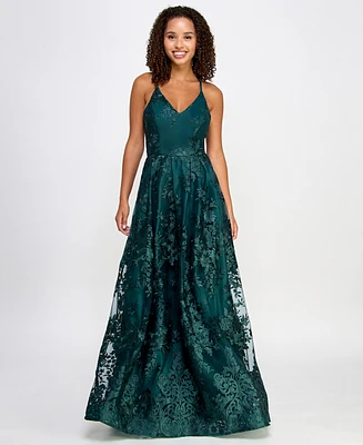 Bcx Juniors' Floral Embroidered Gown, Created for Macy's
