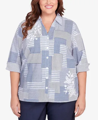 Alfred Dunner Plus Size A Fresh Start Embroidered Stripe Patch Button Down Top