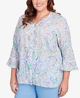 Alfred Dunner Plus Size Classic Pastels Paisley Flutter Sleeve Button Front Top