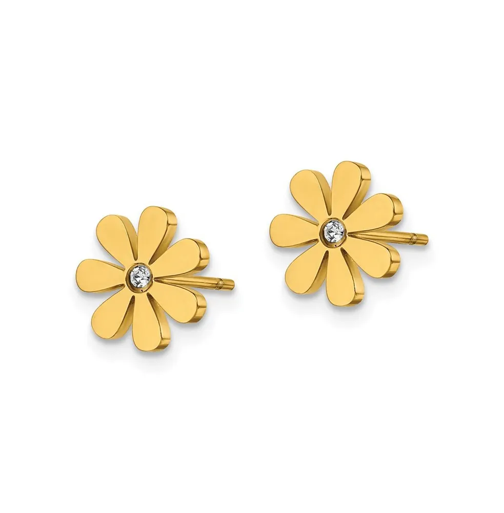 Chisel Stainless Steel Polished Yellow plated Crystal Flower Earrings