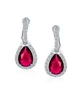 Bling Jewelry 7CT Style Halo Simulated Red Ruby Cubic Zirconia Cz Fashion Dangle Drop Teardrop Screw Back Clip On Earrings Prom Bridesmaid Wedding Rho