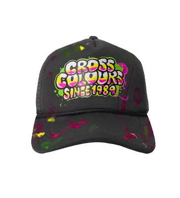Cross Colors Since 1989 Airbrushed Trucker Hat with paint splatter.