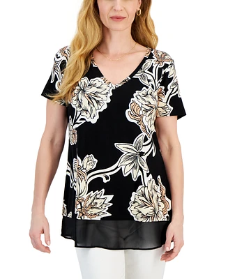 Jm Collection Women's Printed Short Sleeve Scoop Neck Twofer Top, Created for Macy's