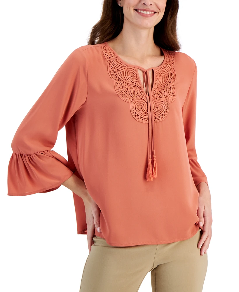 Jm Collection Women's Lace-Trim Bell-Sleeve Woven Top, Created for Macy's