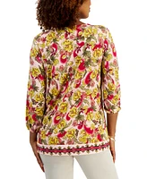 Jm Collection Petite Floral V Neck 3/4-Sleeve Top, Created for Macy's