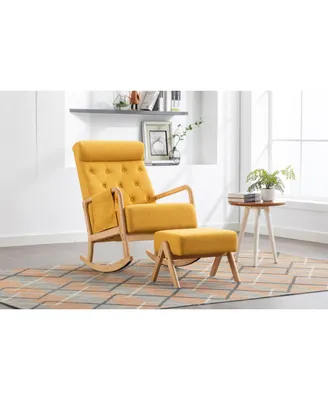 Simplie Fun Rocking Chair With Ottoman, Mid-Century Modern Upholstered Fabric Rocking Armchair, Rocking