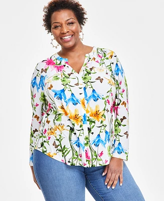 I.n.c. International Concepts Plus Floral-Print Zip-Pocket Top, Created for Macy's
