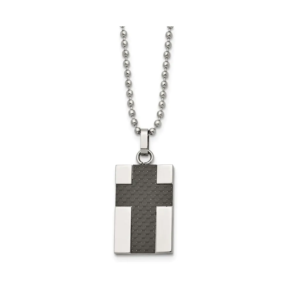 Chisel Polished Carbon Fiber Inlay Cross Pendant Ball Chain Necklace