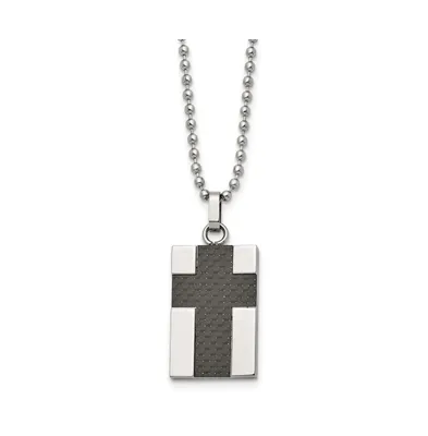 Chisel Polished Carbon Fiber Inlay Cross Pendant Ball Chain Necklace